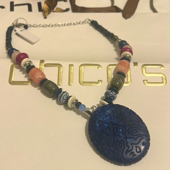 Chico’s NWT Multi-Color Beaded Necklace w Blue Etched Pendant - Picture 1 of 6